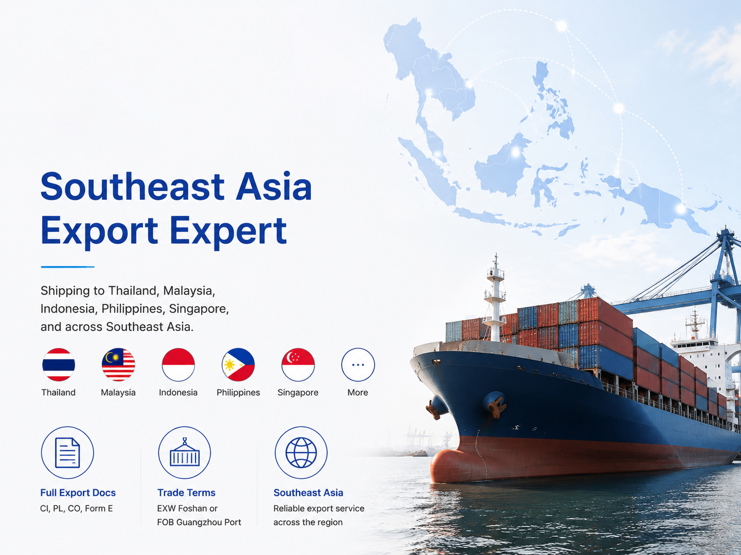 Southeast Asia export logistics for HPL panels and building materials with global shipping container cargo transport system